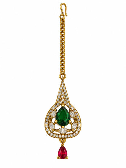 South Indian Gold Plated Green AD Maang Tikka for Women