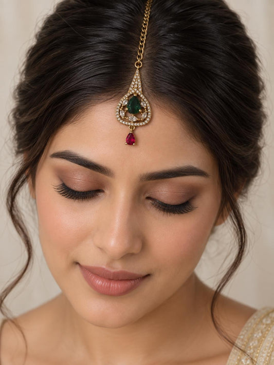 South Indian Gold Plated Green AD Maang Tikka for Women