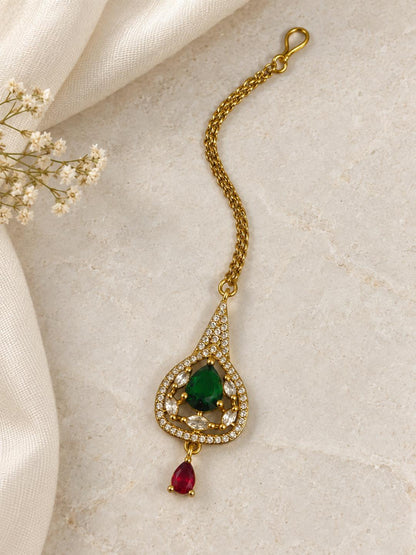 South Indian Gold Plated Green AD Maang Tikka for Women