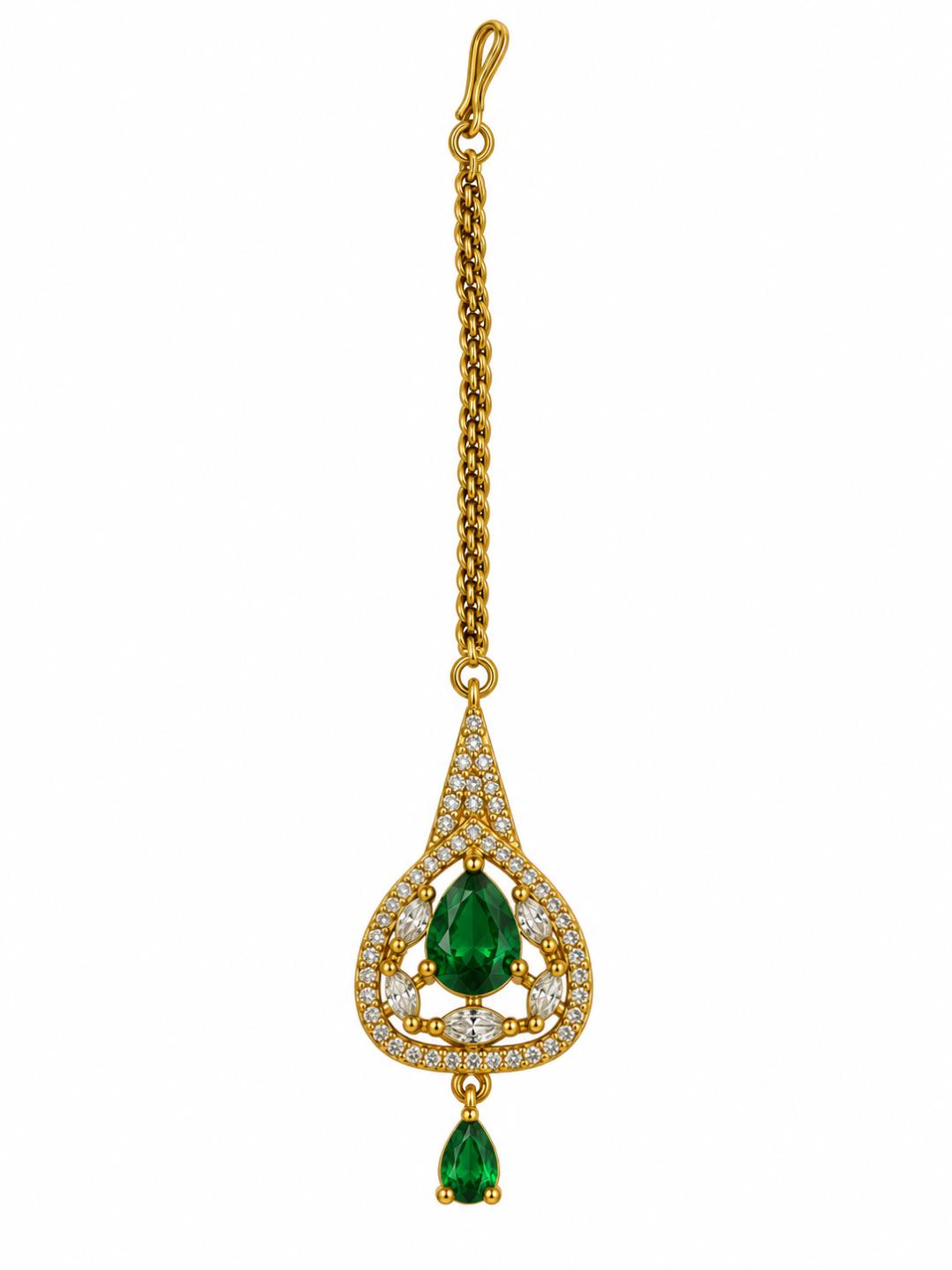 South Indian Gold Plated Green AD Maang Tikka for Women