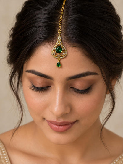 South Indian Gold Plated Green AD Maang Tikka for Women