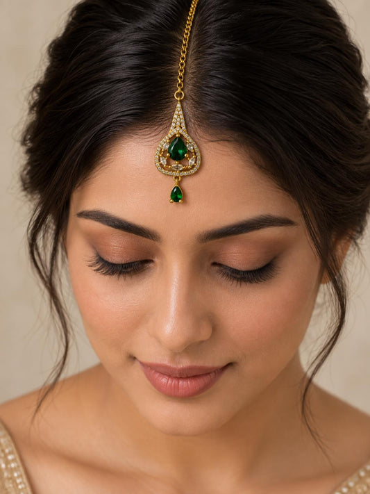 South Indian Gold Plated Green AD Maang Tikka for Women