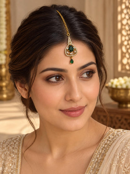 South Indian Gold Plated Green AD Maang Tikka for Women