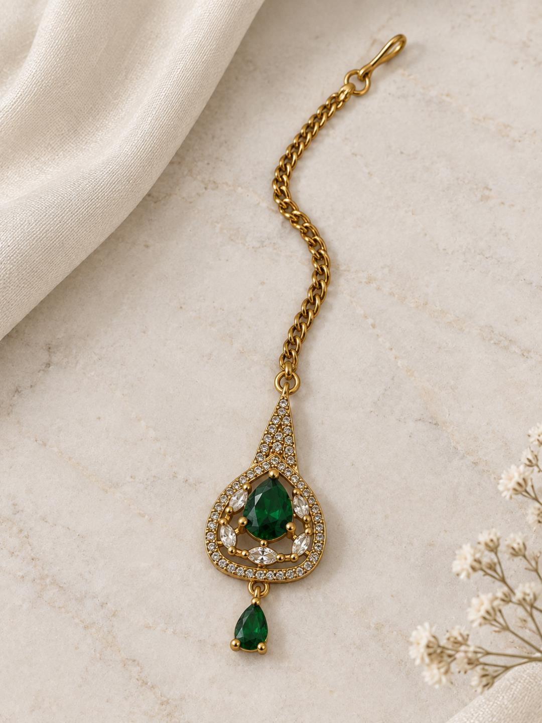 South Indian Gold Plated Green AD Maang Tikka for Women
