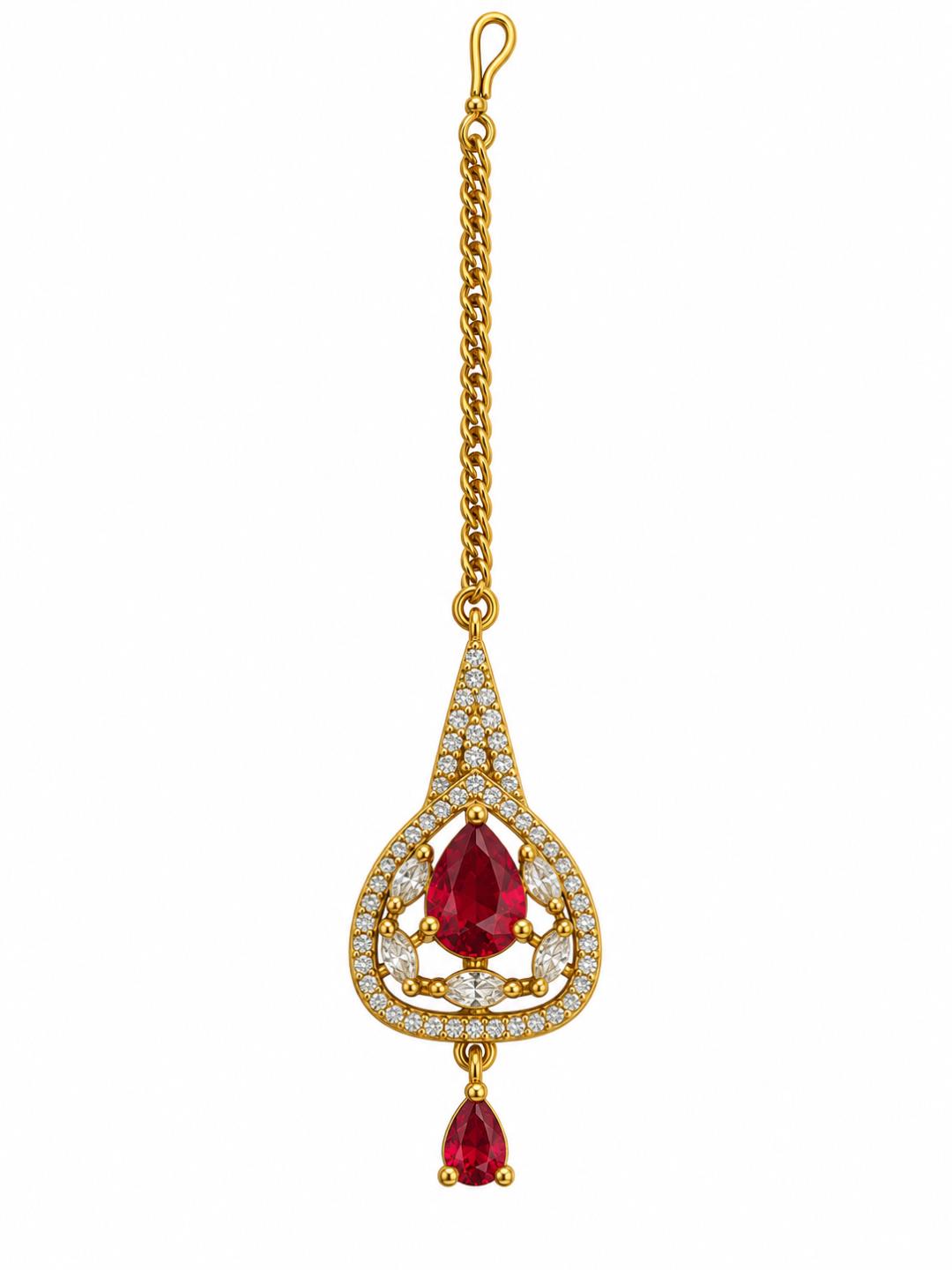South Indian Gold Plated Red AD Maang Tikka for Women