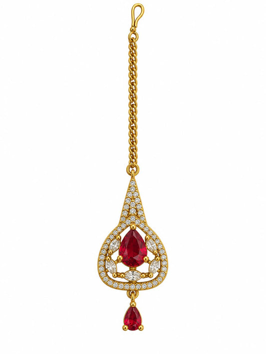South Indian Gold Plated Red AD Maang Tikka for Women