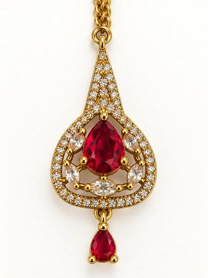 South Indian Gold Plated Red AD Maang Tikka for Women