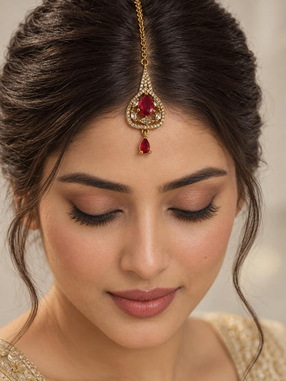 South Indian Gold Plated Red AD Maang Tikka for Women