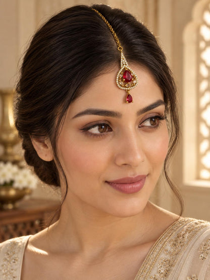 South Indian Gold Plated Red AD Maang Tikka for Women