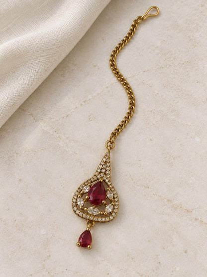 South Indian Gold Plated Red AD Maang Tikka for Women