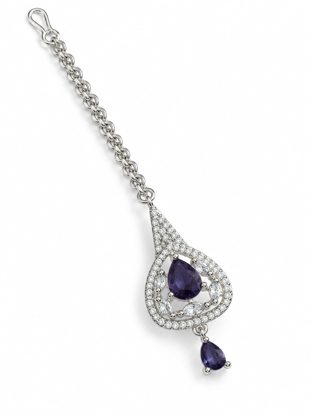 Silver Plated Purple AD Maang Tikka for Women
