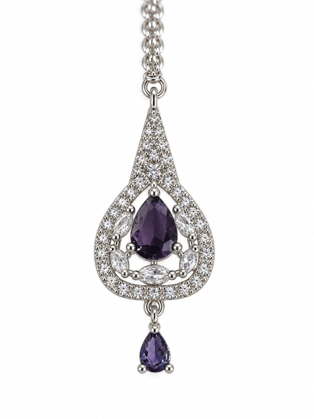 Silver Plated Purple AD Maang Tikka for Women