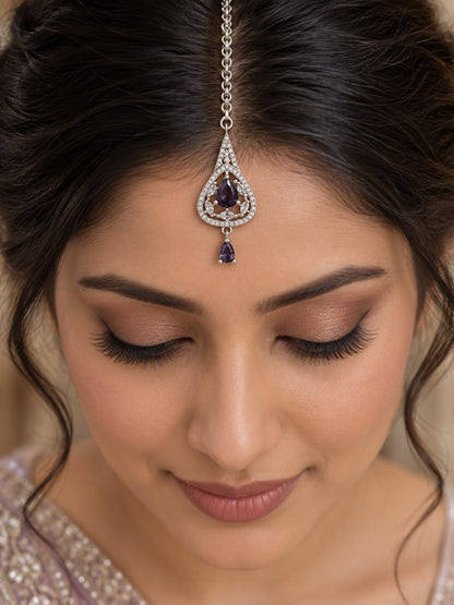 Silver Plated Purple AD Maang Tikka for Women