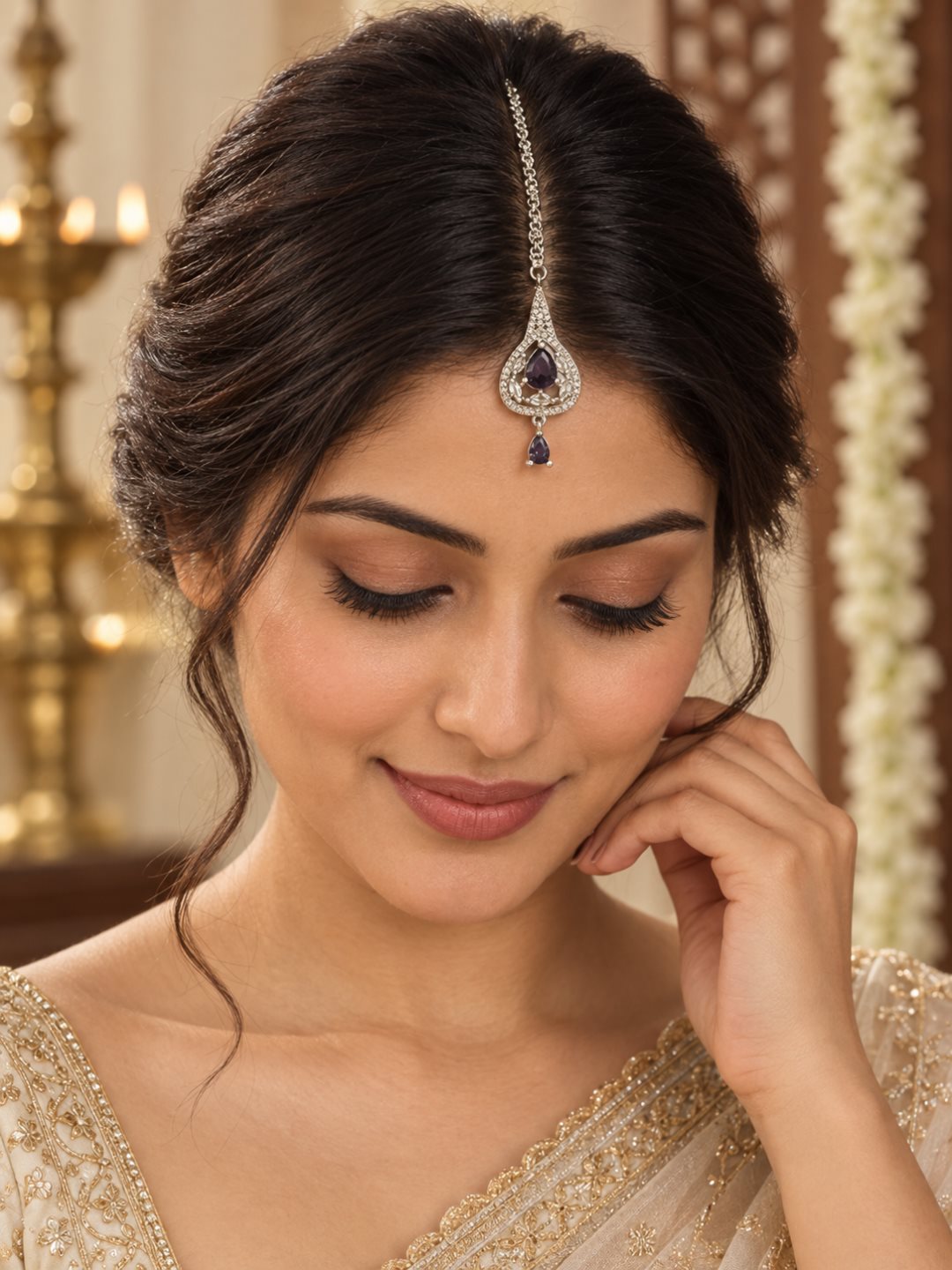 Silver Plated Purple AD Maang Tikka for Women