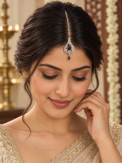 Silver Plated Purple AD Maang Tikka for Women