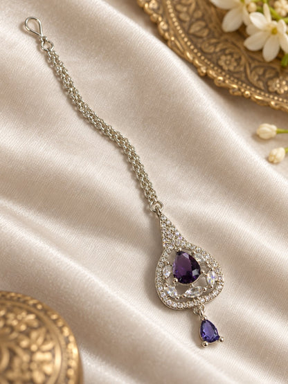 Silver Plated Purple AD Maang Tikka for Women