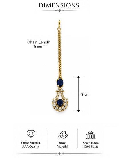 South Indian Gold Plated Blue AD Maang Tikka for Women