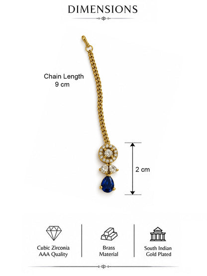 South Indian Gold Plated Blue AD Maang Tikka for Women
