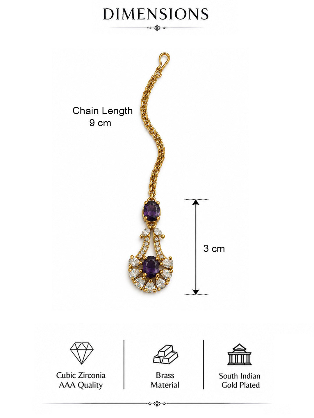 South Indian Gold Plated Purple AD Maang Tikka for Women