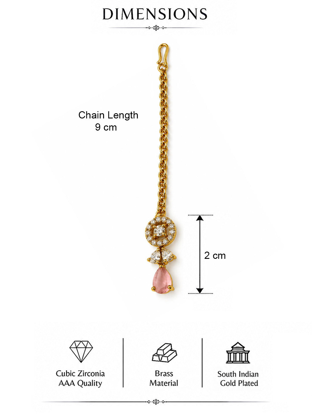 South Indian Gold Plated Pink AD Maang Tikka for Women