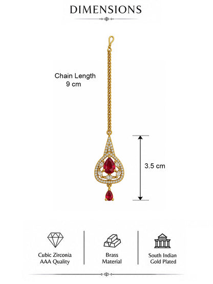 South Indian Gold Plated Red AD Maang Tikka for Women