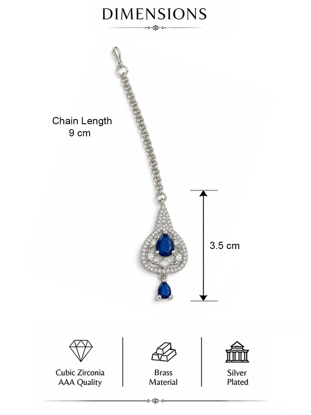 Silver Plated Blue AD Maang Tikka for Women