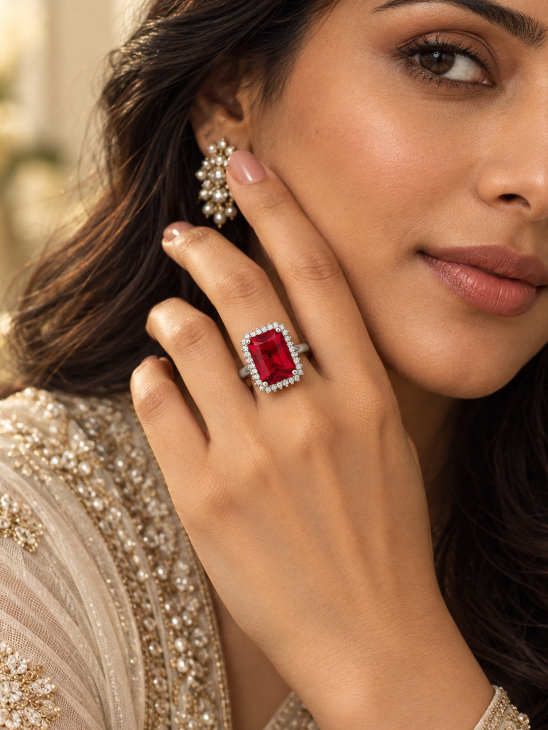 Silver Plated Red AD Finger Ring for Women