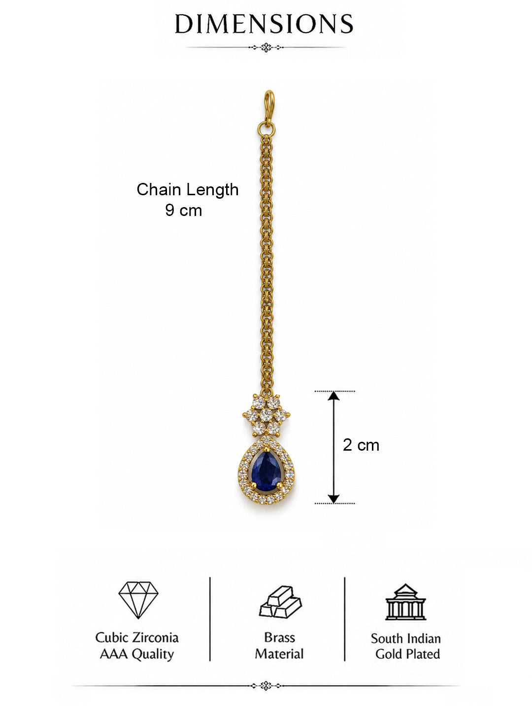 South Indian Gold Plated Blue AD Maang Tikka for Women
