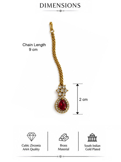 South Indian Gold Plated Red AD Maang Tikka for Women