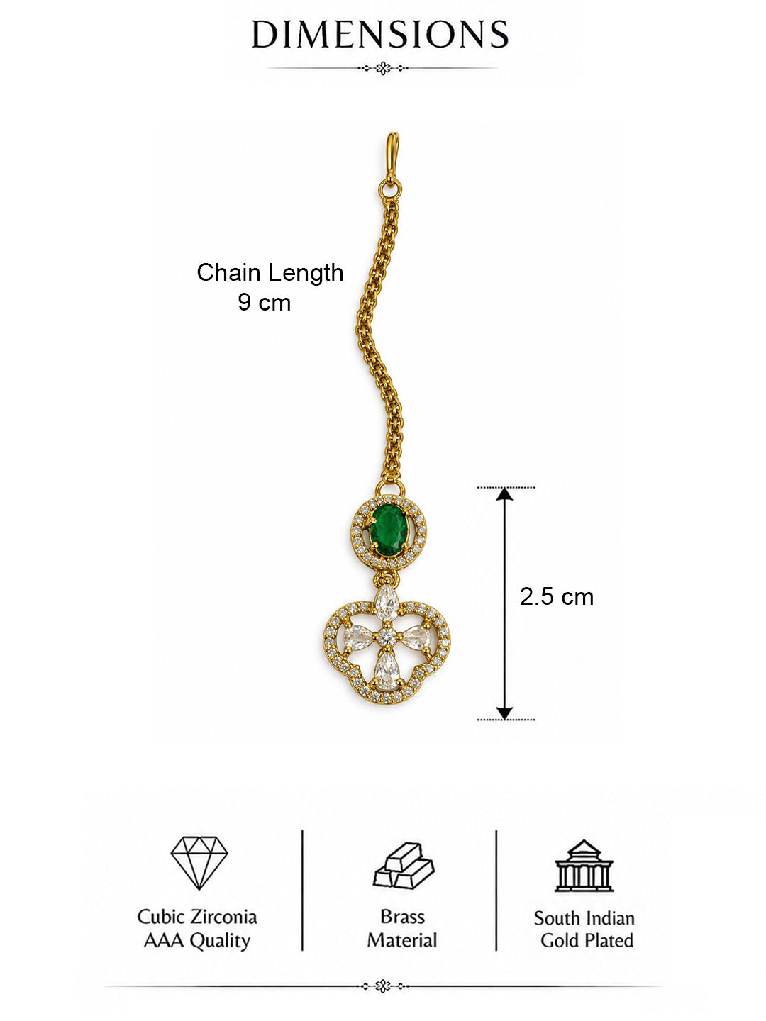 South Indian Gold Plated Green AD Maang Tikka for Women