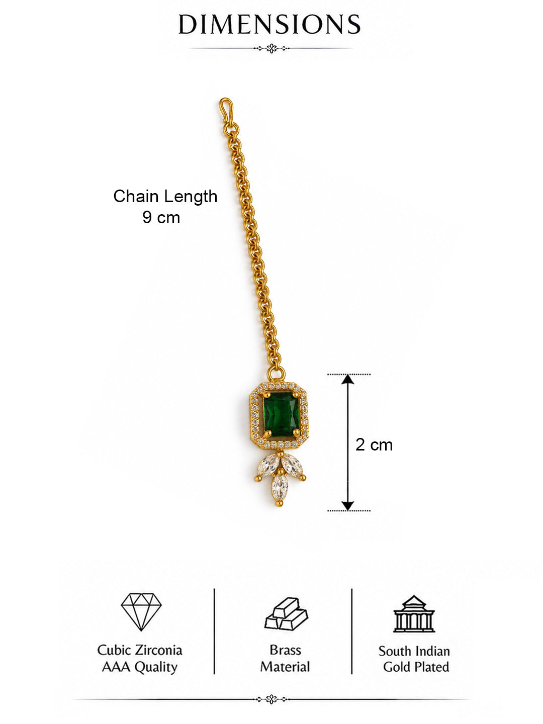 South Indian Gold Plated Green AD Maang Tikka for Women
