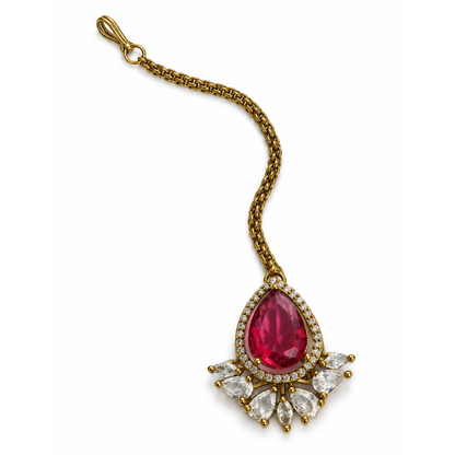 Antique Gold Plated Red Maang Tikka for Women