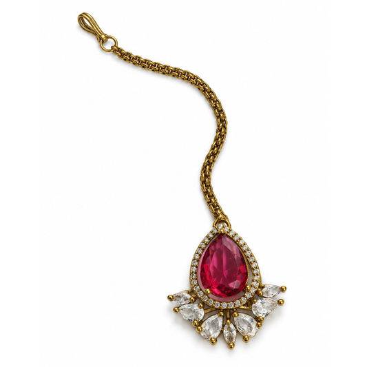 Antique Gold Plated Red Maang Tikka for Women