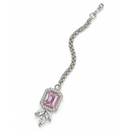 Silver Plated Pink AD Maang Tikka for Women