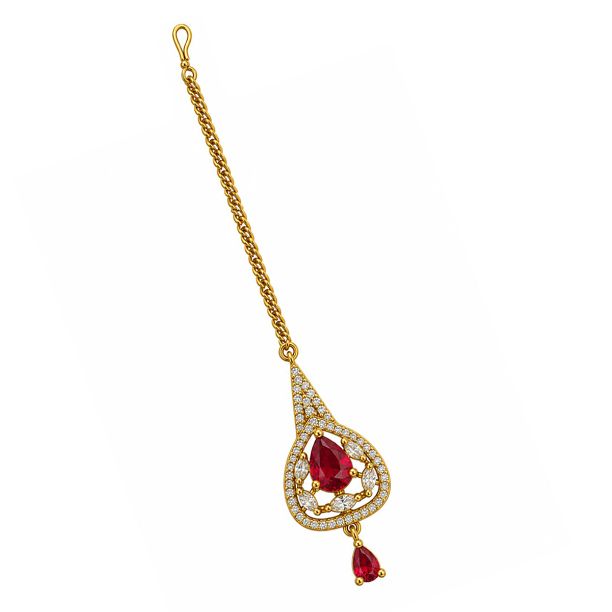 South Indian Gold Plated Red AD Maang Tikka for Women