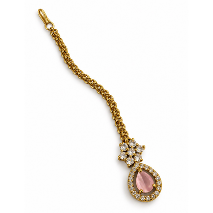 South Indian Gold Plated Pink AD Maang Tikka for Women