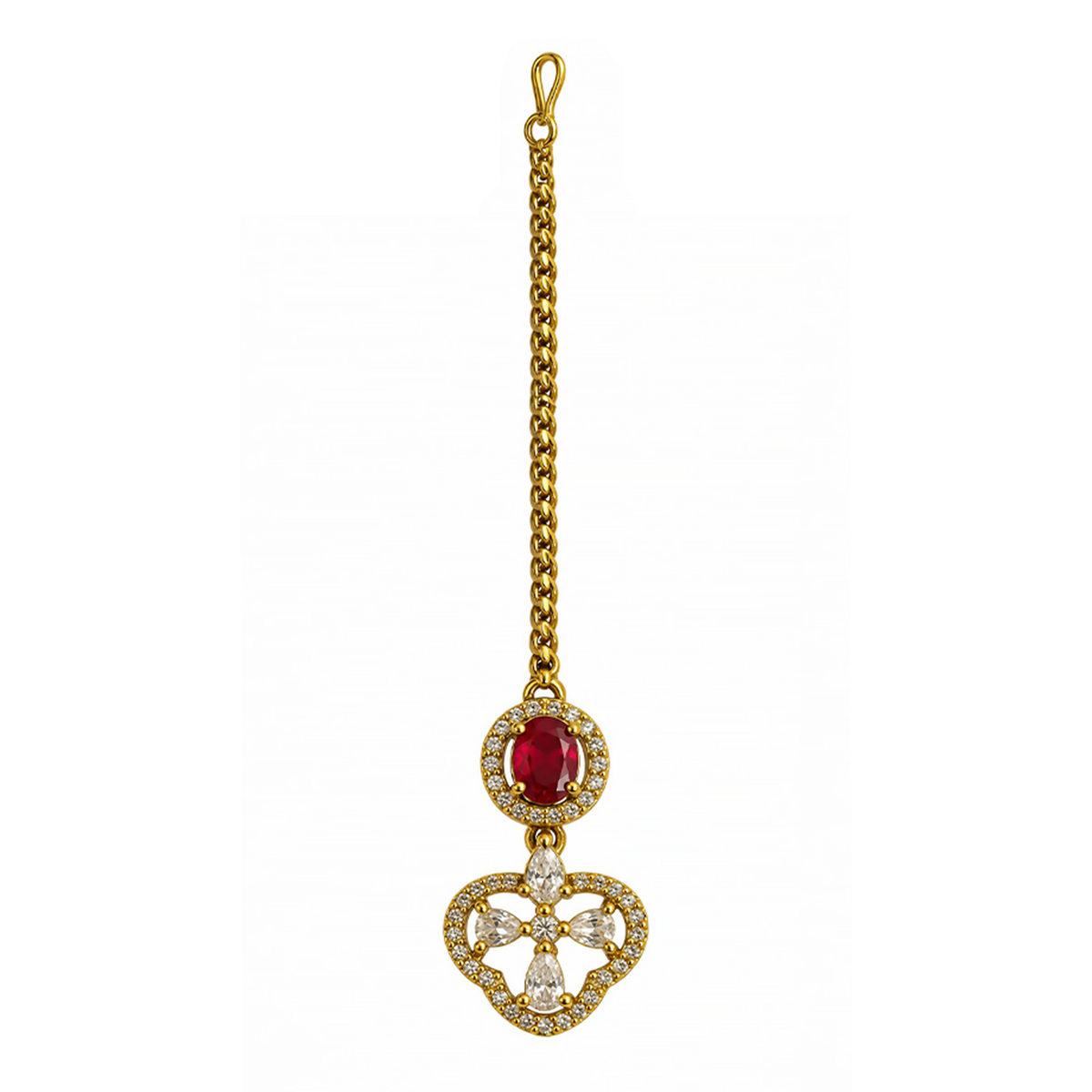 South Indian Gold Plated Red AD Maang Tikka for Women