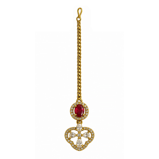 South Indian Gold Plated Red AD Maang Tikka for Women