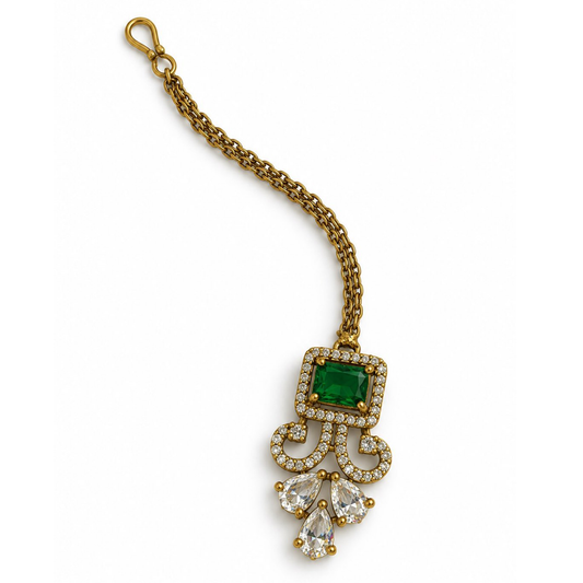 Antique Gold Plated Green Maang Tikka for Women