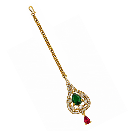 South Indian Gold Plated Green AD Maang Tikka for Women