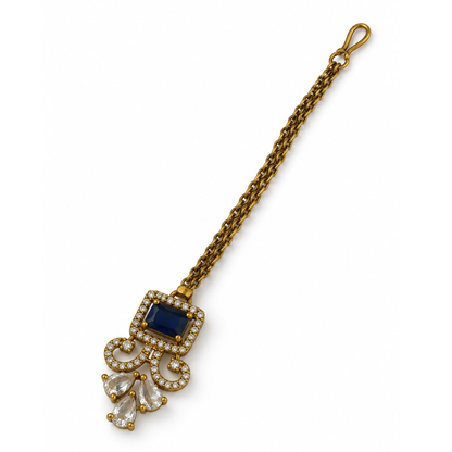 Antique Gold Plated Blue Maang Tikka for Women
