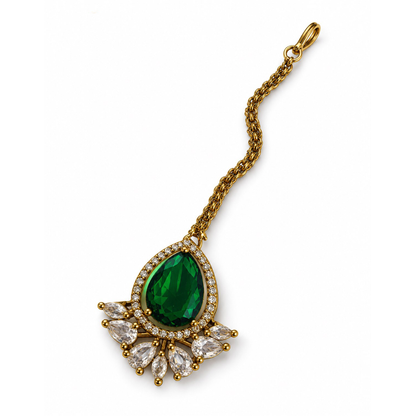 Antique Gold Plated Green Maang Tikka for Women