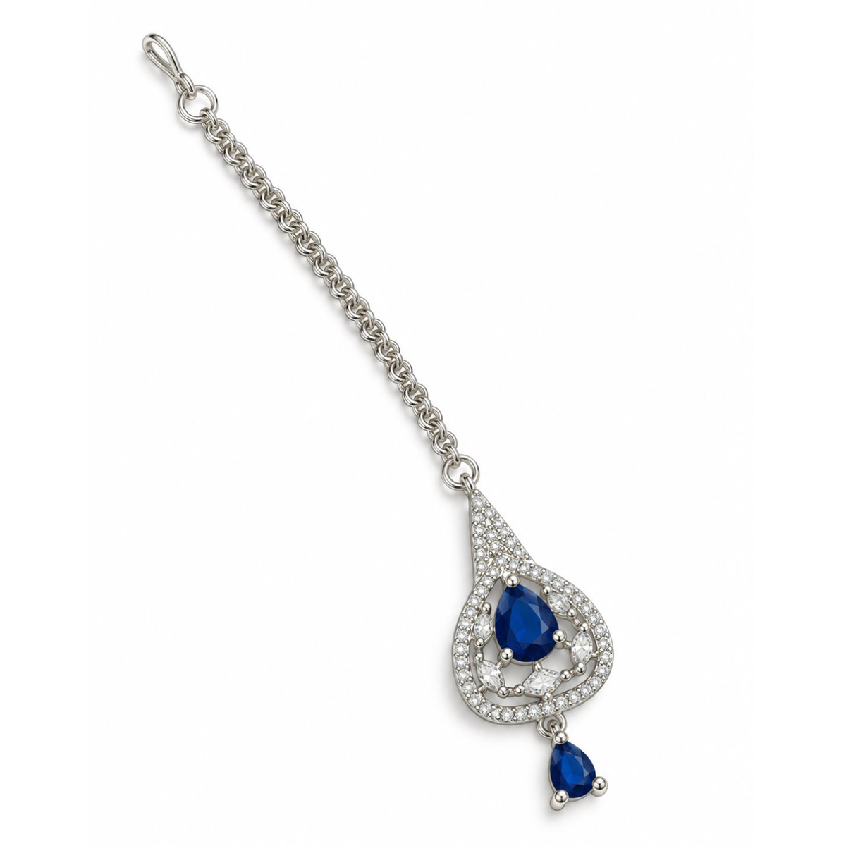 Silver Plated Blue AD Maang Tikka for Women