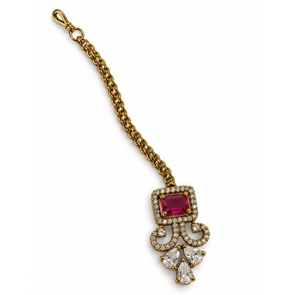 Antique Gold Plated Red Maang Tikka for Women