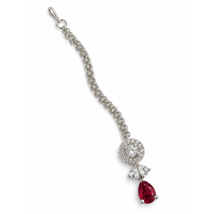 Silver Plated Red AD Maang Tikka for Women