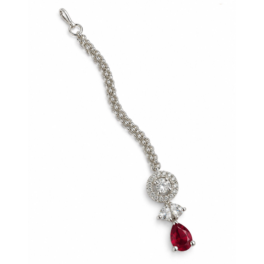 Silver Plated Red AD Maang Tikka for Women