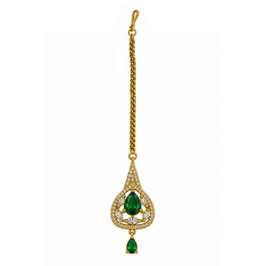 South Indian Gold Plated Green AD Maang Tikka for Women