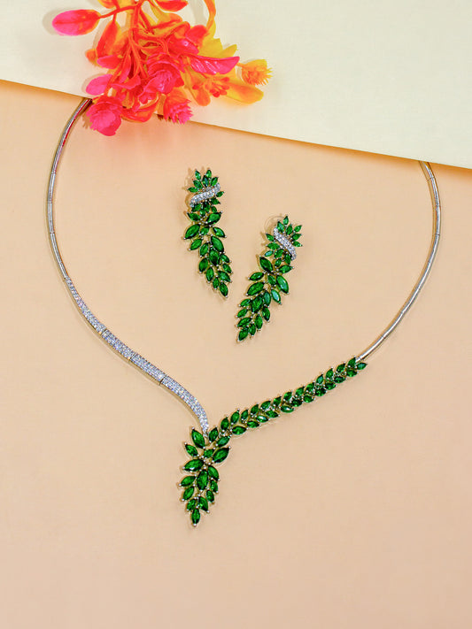 Silver Plated Green AD Designer Floral Sleek Jewellery Set