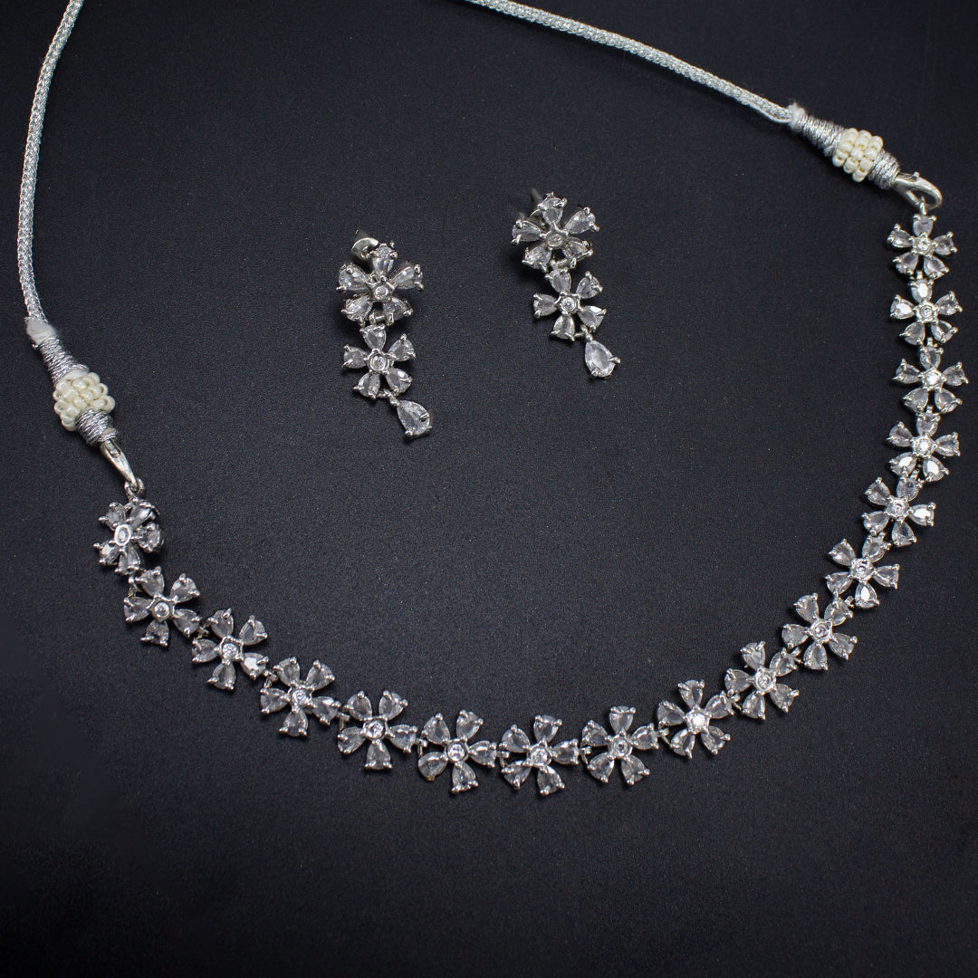 Rhodium-Plated Floral American Diamond Studded Jewellery Set