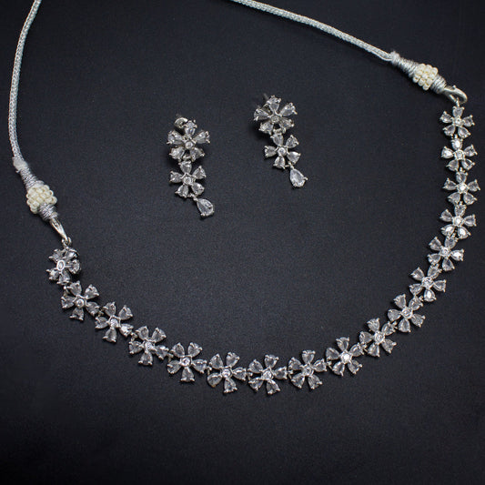 Rhodium-Plated Floral American Diamond Studded Jewellery Set